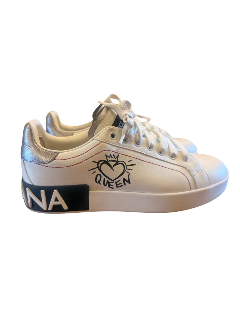 Dolce & Gabbana Portofino Queen Sneakers White Silver D&G Heel